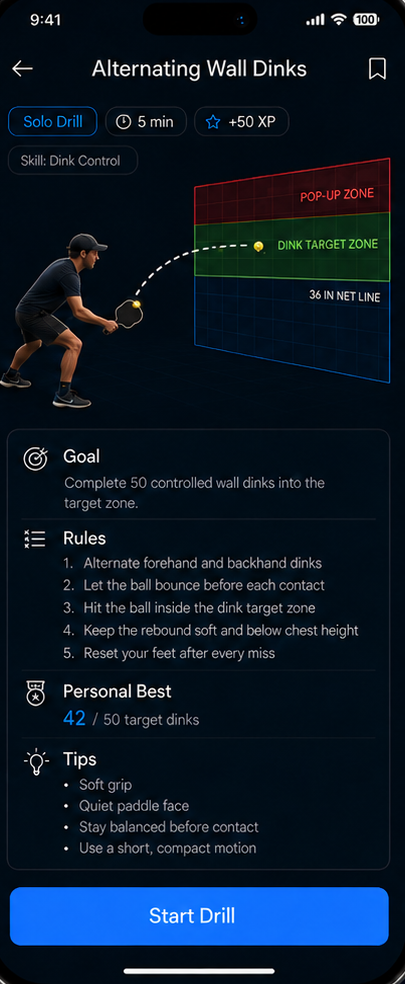 Rocket Pickle Drills drill preview showing a player practicing dinks into a target zone