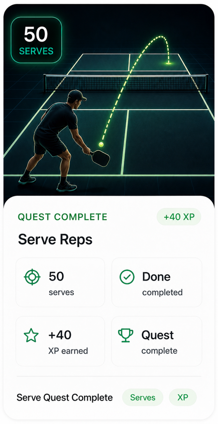 Rocket Pickle Drills recap card for Serve Reps with 50 serves completed and plus 40 XP.